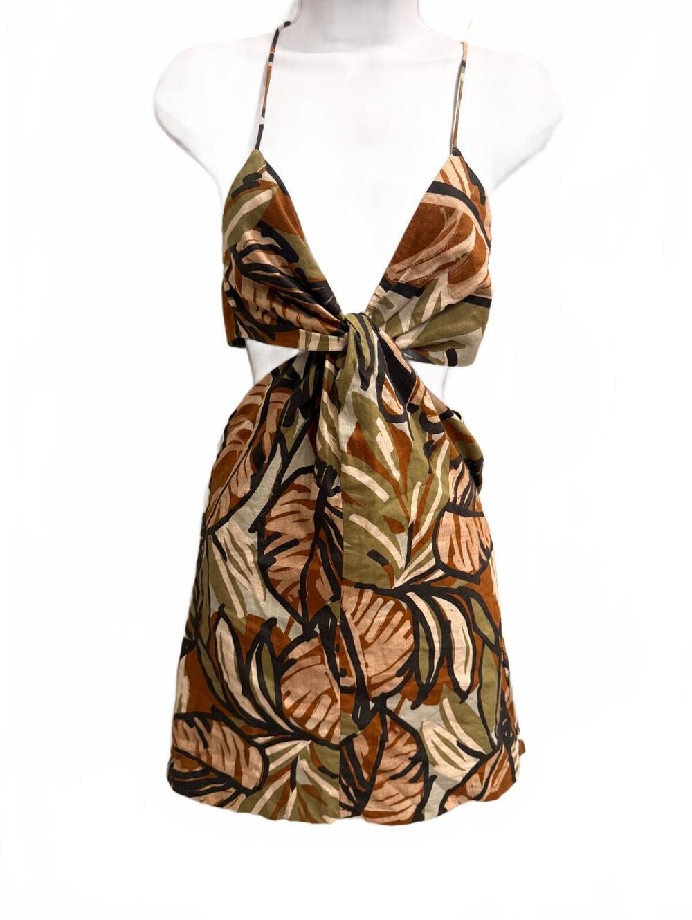 BNWT size S Zara Leaf Print Cutout Mini Dress in Earth Tones